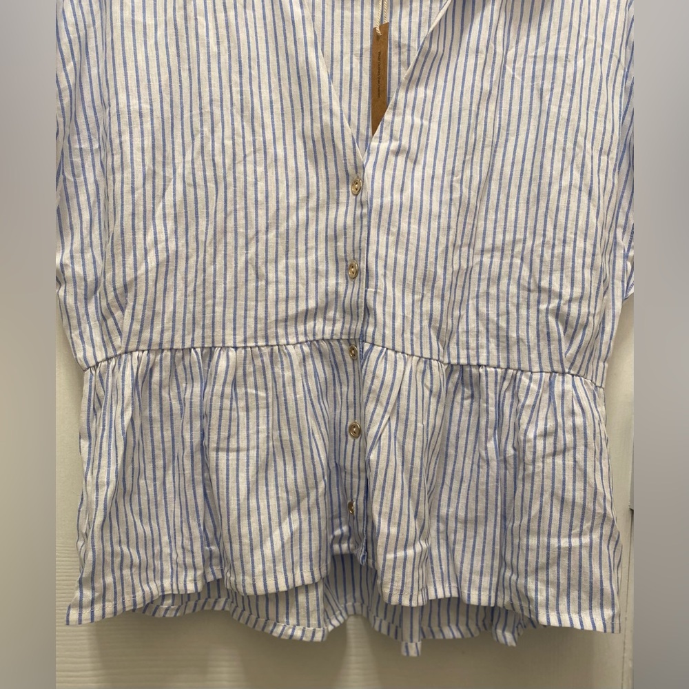 3/$25! NEW! Women’s Boutique Classic Carol Button Up Striped Linen Peplum Top M - Picture 11 of 16